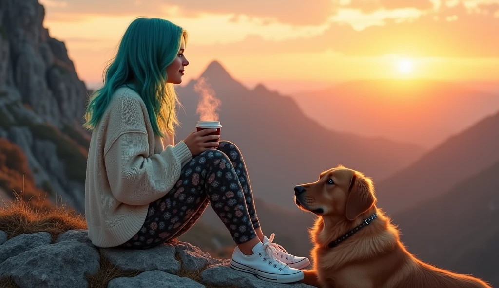 a serene mountain sunset scene. In the foreground, a young e-girl is sitting on a rocky outcrop, wearing a cozy sweater, stylish leggings, and a pair of Converse All Stars. She is sipping a cup of coffee, with a relaxed and content expression as she watches the sunset. Beside her, a medium-sized dog is sitting comfortably, both gazing at the breathtaking view. The warm, golden hues of the setting sun cast a beautiful glow over the landscape, with the rugged mountain terrain and distant horizon creating a peaceful and picturesque backdrop. The overall atmosphere should evoke a sense of calm and appreciation for nature's beauty, highlighting the special moment shared between the e-girl, her dog, and the sunset.
