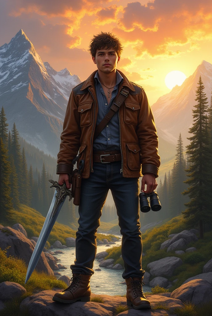 a dungeons and dragons style guy looking into the background with a brown jacket, jeans negros, and full body, with a sword in one hand and binoculars in the other, 19 year old young man
