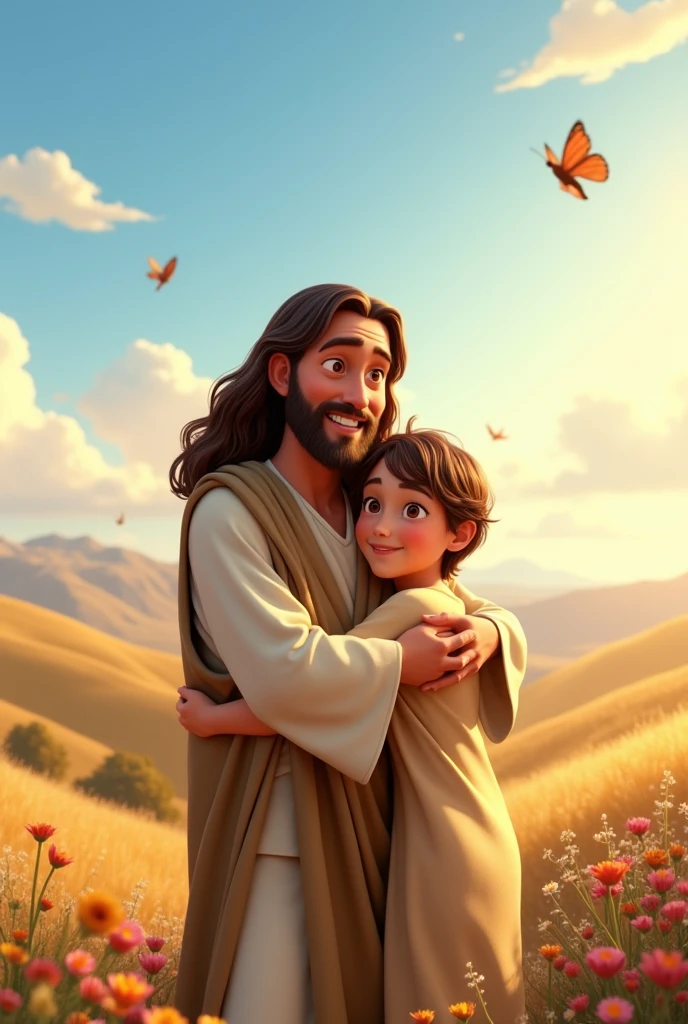 Jesus hugging the disciple pixar 3d drawing style