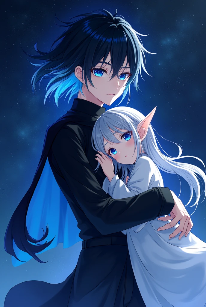 Please generate a Novel cover for me, with a MALE human character with black hair and a COBALT BLUE streak at the end of his hair and cobalt blue eyes, with a blue aura emanating from his body, wearing black clothes in Japanese ANIME style, with a starry sky and the novel's name written on the image (The Eminent Divine Spirit). Make an image of this character, but now holding a silver-haired elf girl in white clothes.