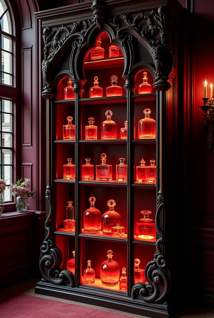 Create a tall and large glass bookshelf in a Victorian Gothic style. with many perfumes of different shades of red
