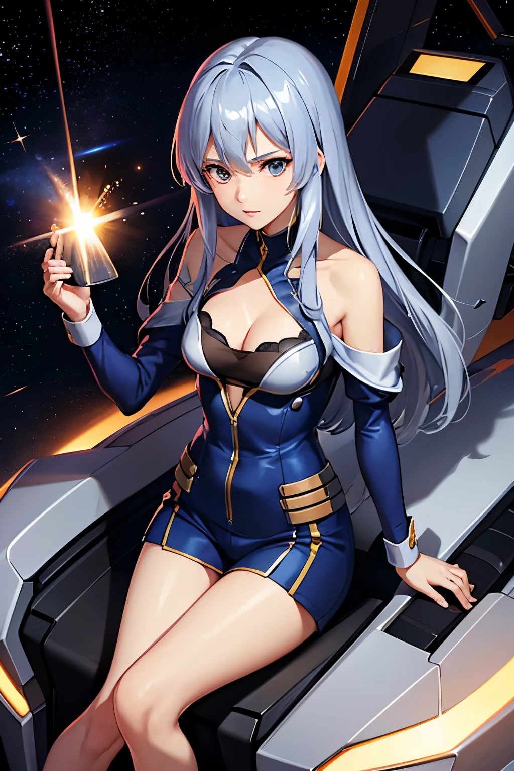 (((Highest quality、first class、masterpiece、Normal body、8k、Detailed face、Ultra-precision、normal hand、Normal refer to、5refer to、Highest)))、Eternal Frail、Silver Hair、Long Hair、Slender、Small breasts、Lady、kid、clear、pure、A blue suit that reveals a cleavage、Navy blue shorts、"SD Gundam G Generation"、Gundam、Pilot a Gundam、Gundam Pilot、Mobile Suit Pilot、Gundam Cockpit、Mobile Suit Cockpit、Sit in the cockpit、Seat belt((Seat belt spanning from the shoulder to the cleavage and crotch of the pilot's seat.))、Grip the control stick、Surround monitor、All-day monitor、View Monitor、universe battle、universe、Fast Combat、High-speed maneuver、Speedy space background、Fluid Background