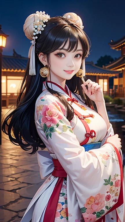 ( High resolution、 Super detailed)、masterpiece、Highest quality、High resolution、8k、Realistic skin texture、 Young and beautiful woman、Beautiful Face、Beautiful Face、Pretty lips、Ample breasts、Balanced style、Hair styled in a bright-colored round bun、Smiling eyes、Hanfu、Walking、Cowboy Shot、background、Buildings from the Tang Dynasty、The city of Chang'an during the Tang Dynasty in China、river view、Night view、Flower garden、Peach Blossom、Lantern Light、Detailed CG、