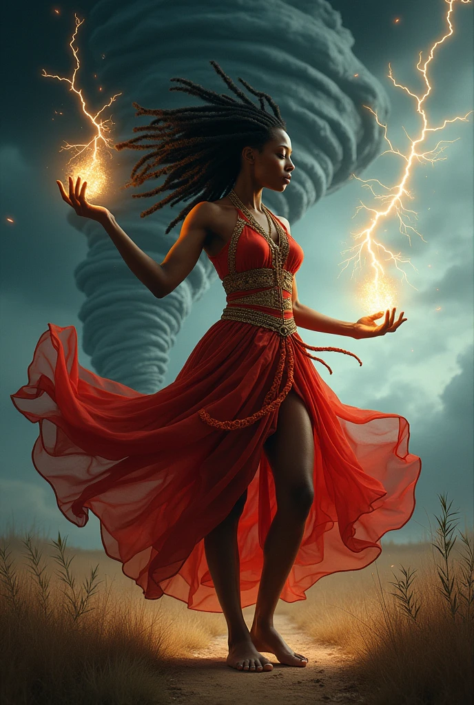 Black woman Orisha, warrioress, curled hair, red and gold clothing, bare feet, in the middle of a tornado, with lightning coming out of his hand