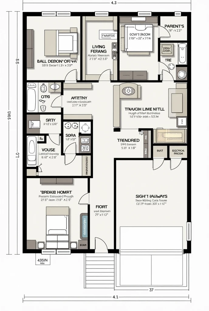 Create a blue print house it have living room columns, kitchen pantry,hallway, electrical room, bathroom, parents room, and garage