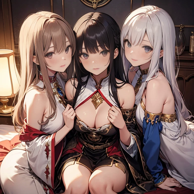 A group of priestess, (in bedroom), various hair styles, harem, night, details face, seducing, ceremonial outfit, multiple girls, exposed shoulders