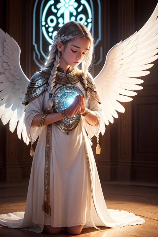 A young 15- yr old native European girl with lovely charminvg face,( skin texture masterpiece), (perfect full body detailed anatomy), (Super detailed), (meditating ), (perfect detailed glowing bright eyes),(short braided illuminating silver hair),Wearing transparent costume of an angel,holding a treasure septer & shield, illuminating different lights covers the sorrounding atmosphere Has beautiful large white wings, The character solemnly praying