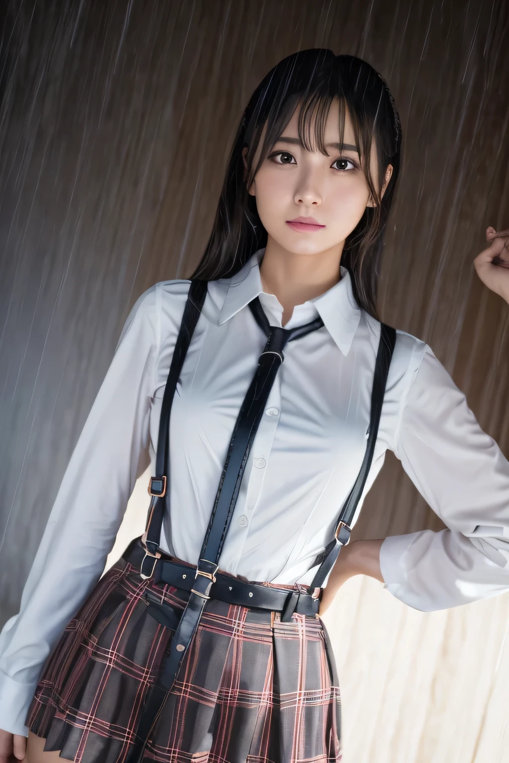 (masterpiece), (Highest quality), (High resolution),Realistic skin texture, Perfect Face, Realistic, Perfect hands, Perfect finger count, Japanese, Girl, (20-year-old), Big Eyes, Brown eyes, Brown Hair, bangs, Twin tails, Hair Ribbon, Small face, Light Smile, ((White button-up shirt, Big Breasts, tie, Leather mini pleated skirt, stockings)), Are standing, Cute pose, Rooftop with a view of the city, Blue sky and clouds, Hair blowing in the wind