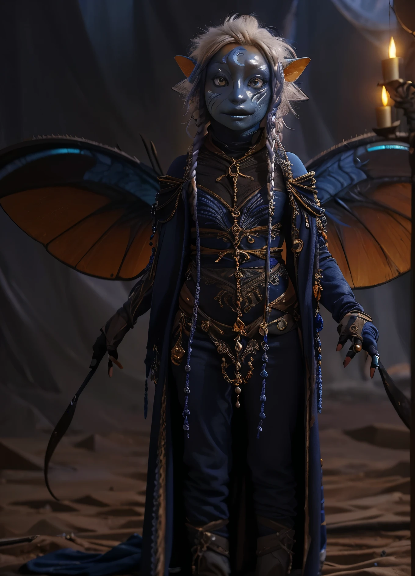 dousan, gelfling, female, dark blue and orange beaded robes decorated with jewels and bones, short curly white hair with long decorated braids, desert, blue skin with lighter blue face paint, big orange eyes, jewelry, full body, insect wings coming from shoulders,