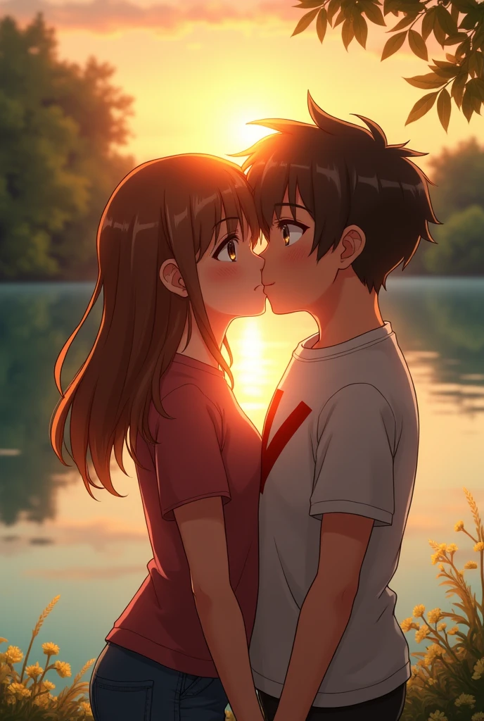 A woman and a man facing the camera, sitting next to a lake, kissing. Each of them is wearing a shirt displaying the initials V and W. Vicky is white, the woman has a V on her shirt and the man has a W on his shirt. The initials are in anime style. Vicky has brown eyes and the woman has the V initial and the man has the W initial. One initial on each shirt. The woman is slightly heavier.