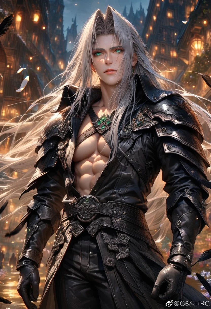 Ultra detailed, highres, absurdres, HDR, master piece, Sephiroth, gray hair, long hair, expressive green eyes, black leather clothes, black long gloves, Final Fantasy VII Remake, petals, fireflies, sexy man, solo, handsome, very detailed face and eyes, best quality, fantasy, magical, realistic face, fantasy city, black feathers, feathers, sensual, toned chest, black pants, one black wing