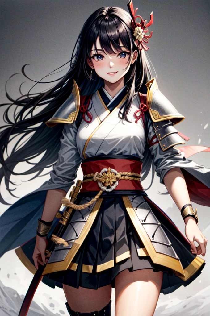 Woman in armor holding a sword, Female Samurai, military adviser, A woman wearing light armor, Beautiful female warrior, smile, Black kimono, black eye, Black Hair, Long Hair, Tight waist, Five fingers, cinematic lighting, close-up, cowboy shot, UHD, retina, masterpiece, accurate, anatomically correct, textured skin, super detail, high details, high quality, award winning, best quality, highres