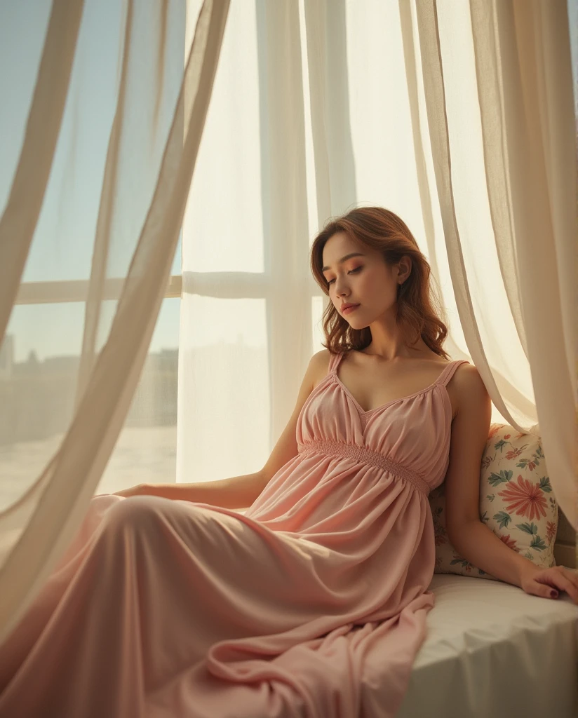 Behind the heavy gauze，Is a low bed，There is a woman in a light pink long dress lying there，One-armed support，A natural flow of elegance from the waist，Eyebrows and eyes like a painting，But the expression is timidly inviting love。