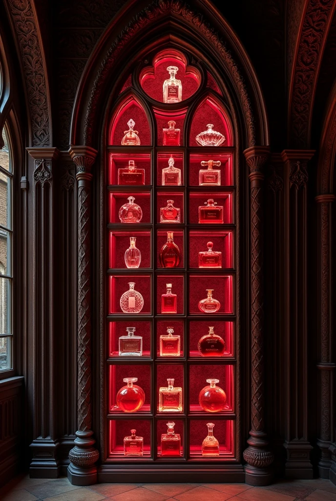 Create a tall and large glass bookshelf in a Victorian Gothic style. with many perfumes of different shades of red