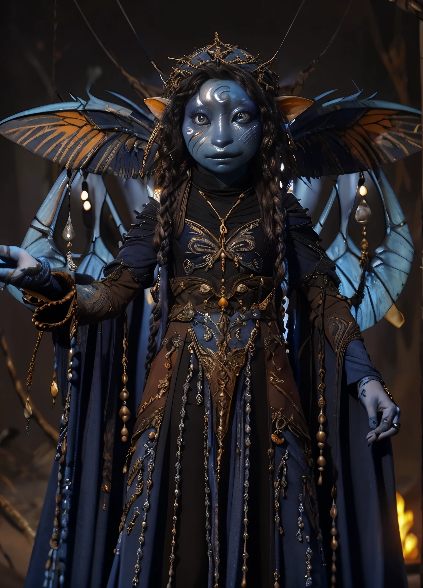 dousan, gelfling, female, dark blue and orange beaded robes decorated with jewels and bones, short curly hair with long decorated braids, desert, blue skin with lighter blue face paint, big orange eyes, jewelry, full body, insect wings coming from shoulders,