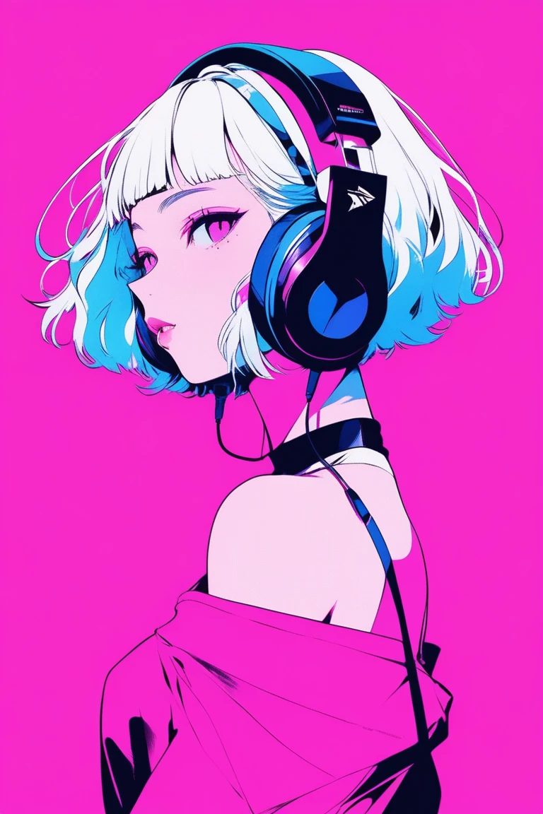Illustrator, anime , Realistic ,sketch , 1 person, ,lip, Off-the-shoulder T-shirt, (((whole body))), order, Blue and pink gradient background, Neon Short Hair,Wear headphones, look back, Texture Trim, Canadian, (masterpiece,Highest quality)