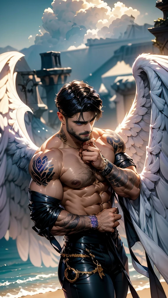 Daegan(1), male_character, detailed_face, no more characters, angel wings (symmetrical style), blue eyes (iris color), small beard, black hair, blue pants, Shirtless, tattooed, arm pointing sky (body), visual harmony, epic scenery, extremely detailed CG unity 4k wallpaper, best quality, amazing quality, very aesthetic, (ominous shadows:1.1), (flowing robes:1.1), (detailed folds and creases:1.1), (intense purple aura:1.2), (symbols of power surrounding him:1.1), (magical energy radiating:1.2), (spellcasting gestures:1.1), (ethereal particles:1.1), (dynamic pose:1.2), (epic soundtrack:1.2), (sense of awe:1.1), (magical prowess:1.1), over power, power up, sphere, extreme, focused.