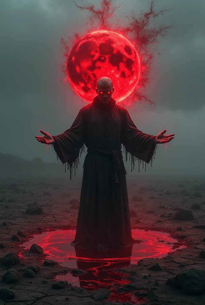 A dark and ominous scene of blood magic being conjured. A lone male figure stands in the center of a desolate battlefield, his posture commanding and menacing. He is surrounded by a pool of blood that begins to pulsate and lift off the ground, forming a floating sphere of deep crimson, almost black, with dark veins extending outward. The man's eyes glow with the same eerie red light as the blood sphere, and his hands are outstretched, controlling the dark energy. The surrounding area is lifeless, with the ground cracked and the air thick with the scent of iron. The environment around him is darkened, as if the blood is absorbing all light, creating an atmosphere of death and decay.