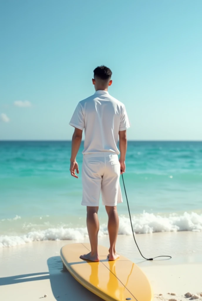 (photorealism 9.6, back of a clean shave black hair, army cut ,wearing Long board,a wheatesh colour , boy of 20 year in navy sailor full white uniform