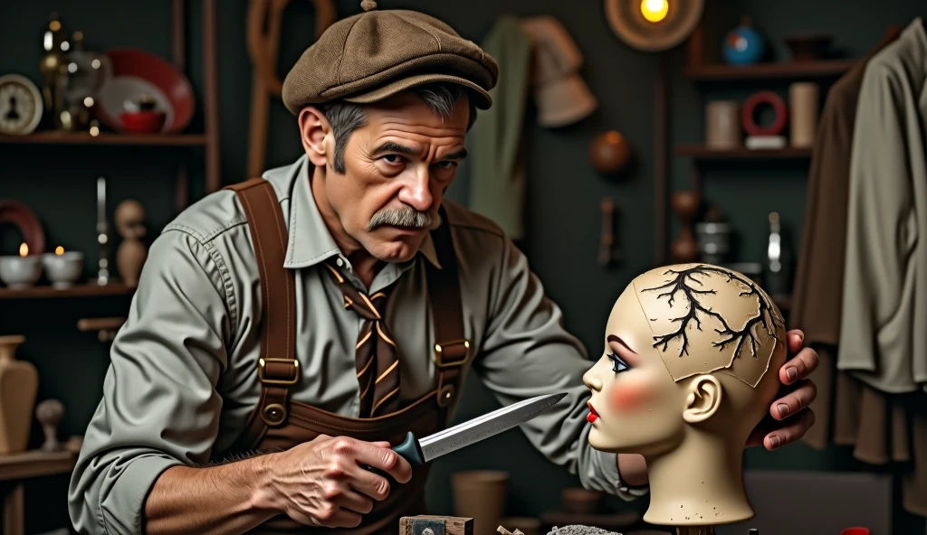 forty year old man with a mustache, wears vintage clothes and a vintage brown beret, He holds sharp knives in his hands, is reconstructing the head of a broken female mannequin.