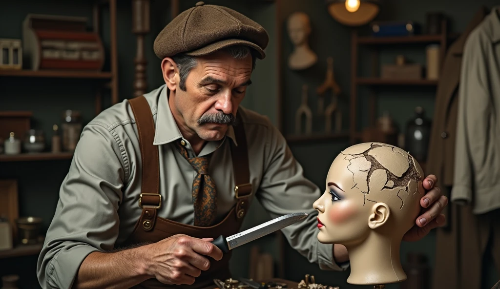 forty year old man with a mustache, wears vintage clothes and a vintage brown beret, He holds sharp knives in his hands, is reconstructing the head of a broken female mannequin.