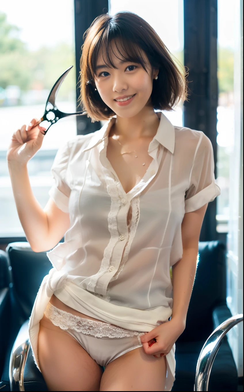 (scissors:1.5,hand up:1.5),(Wearing a light-colored shirt:1.5),A hair salon with chairs lined up,(The skin is wet from sweat:1.2),beautician,looking at the camera,Cleavage,smile,skirtリフト、skirtを手で上げる,woman, 20-year-old, Short Hair、bangs、(skirt),(White lace panties)、Cute earrings,Natural lighting