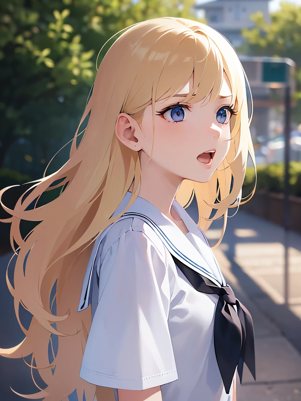 side angle, (looking away:1.5), Upper Body, Realistic, real person, (pale skin: 1.2), RAW photo, photorealistic, shiny skin, shiny hair、 (A 15-year-old female with medium length hair and bangs) and (wavy hair) and (Blonde Hair) and (green eyes), BREAK sailor suit, dark blue collar, white shirts,red ribbon BREAK、 (angry:1.2), open mouth, The background is the school gate、alone