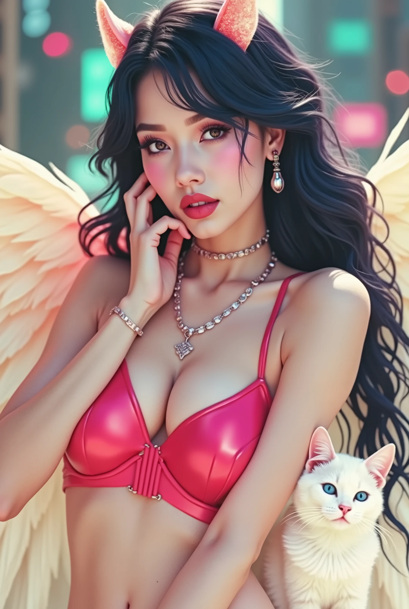 Cleopatra, insanely beautiful, hyperdetalization, full-length, cyberpunk 2077, cybergirl, photorealistic, hipster, cybernetic, terminator, angel with neon wings, beautiful shapes, curvaceous, cyberpunk, improved quality, cat, realistic, terminator, Tekken fighter, masked, neon