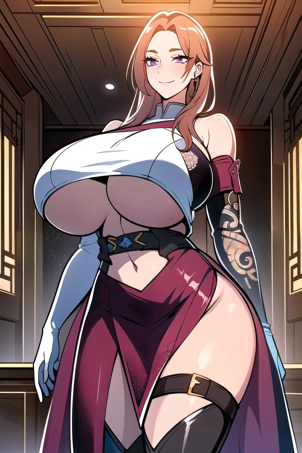 ultra realistic 8k cg, masterpiece, (( intricate detail, highly detailed, fine details best quality, hyperdetailed face)), gigantic breasts ,beautiful lighting, absurdres, BoaHancockV2, 1girl, solo, (chestnut blonde hair), long hair, jewelry, closed mouth, ), (chinese dress, (underboob : 1.4), elbow gloves, thigh boots, split skirt, bare shoulders, curvy, midriff, curvy, thighs, shiny clothes), violet eyes, (complex detailed background, indoor, luxury palace), ((cowboy shot)), curvy, (gigantic breasts: 1.1), seductive smile, cowboy shot,