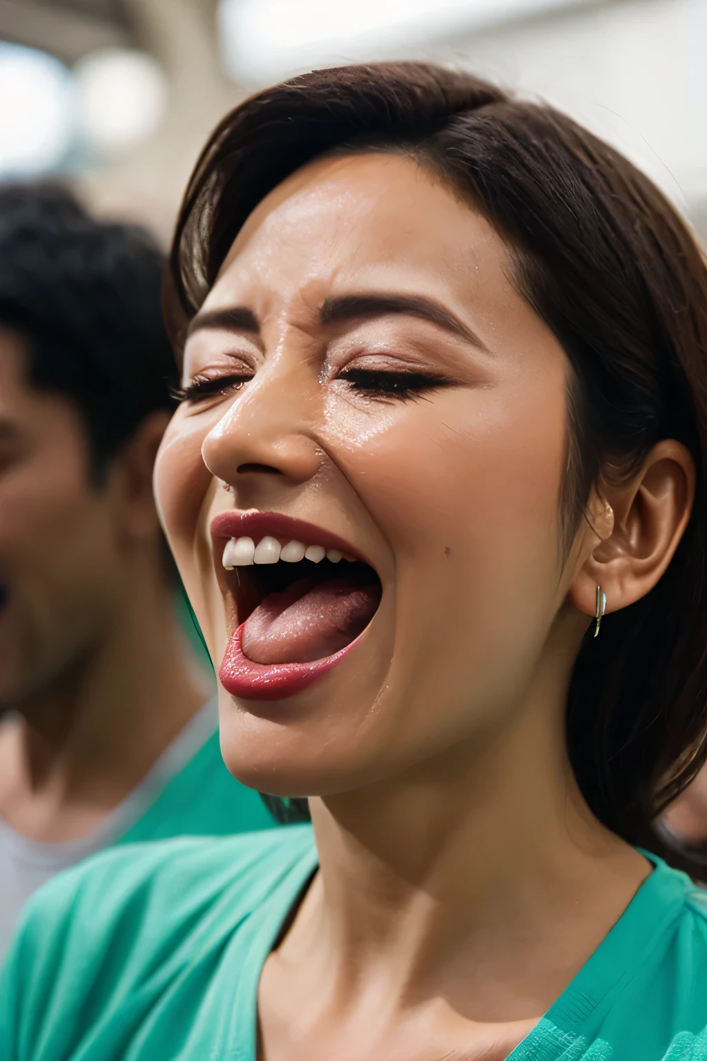 Flying debris,Award-winning photo, Very detailed, Edge Orgasm, Woman with open mouth and closed eyes , Sweaty skin、Lighting that highlights shiny sweat{{{Spread the word }}}, Black Hair、Browsing Caution,{{{{Crowd of elderly male spectators,Surrounded by men,}}}},(length, Narrow nostrils)、Raise your arms behind your head,