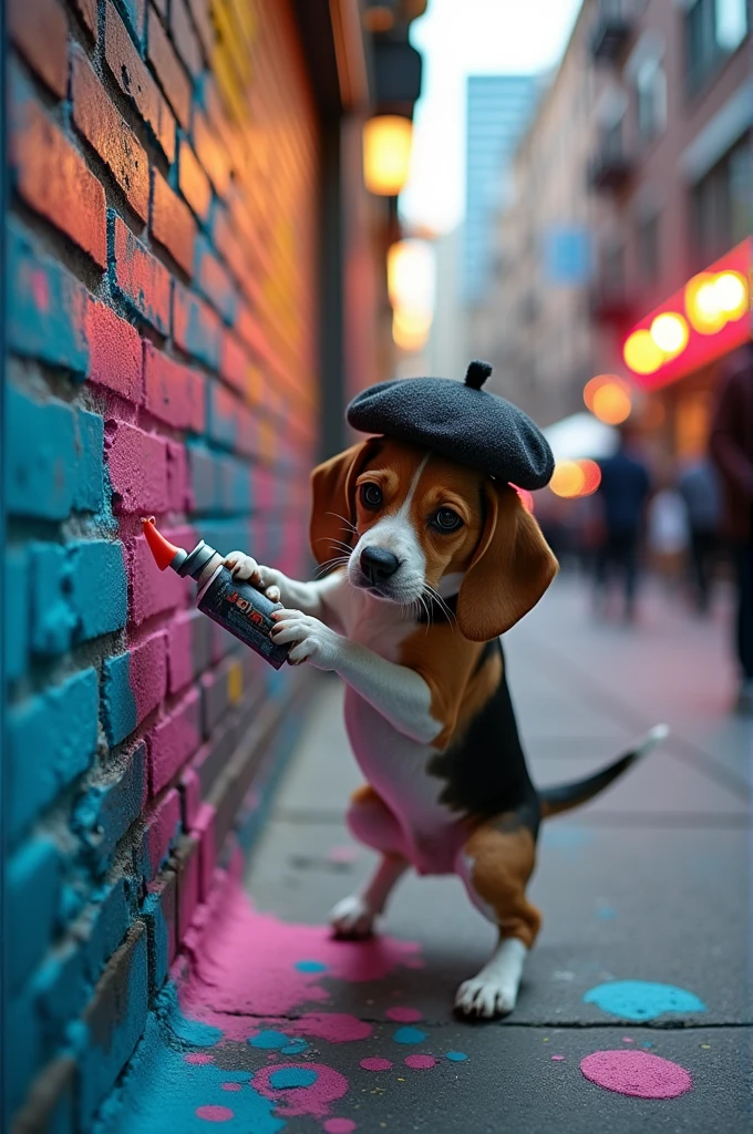 A beagle dog doing graffiti