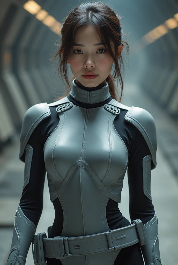 A beautiful Japanese girl wearing a gray suit, Wearing a tight suit, A beautiful Japanese woman wearing a futuristic gray suit, 滑らかなgreyタイトな服のスーツ, greyレオタードを着て, White stitching、Star Wars Imperial Agent, Female Stormtrooper, Full body close-up shot,  The tight-fitting suit, Close-up shot from behind, grey、Black pattern、with black waist design、belt、Black harness、