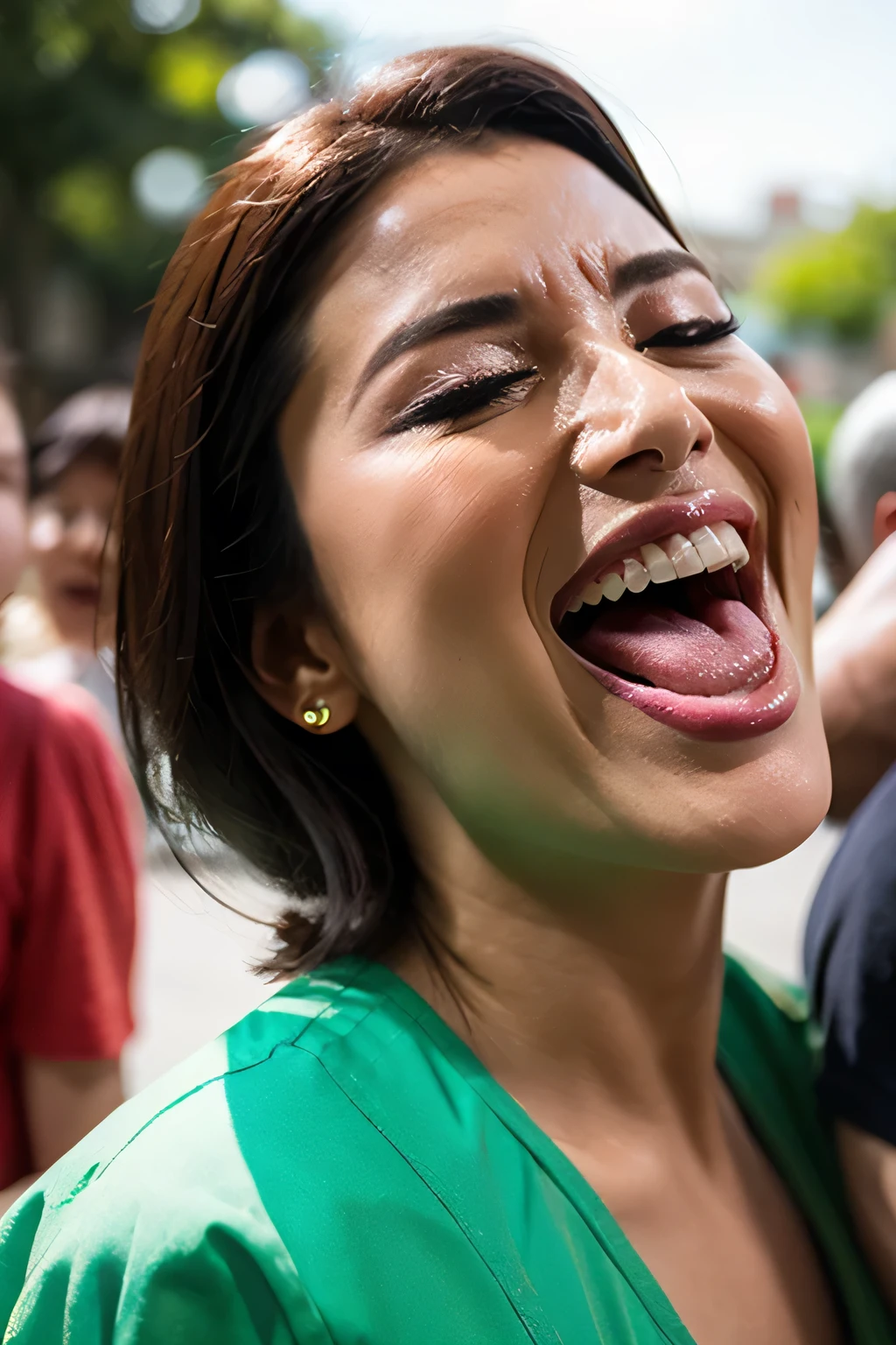 Flying debris,Award-winning photo, Very detailed, Edge Orgasm, Woman with open mouth and closed eyes , Sweaty skin、Lighting that highlights shiny sweat{{{Spread the word }}}, Black Hair、Browsing Caution,{{{{Crowd of elderly male spectators,Surrounded by men,}}}},(length, Narrow nostrils)、Raise your arms behind your head,