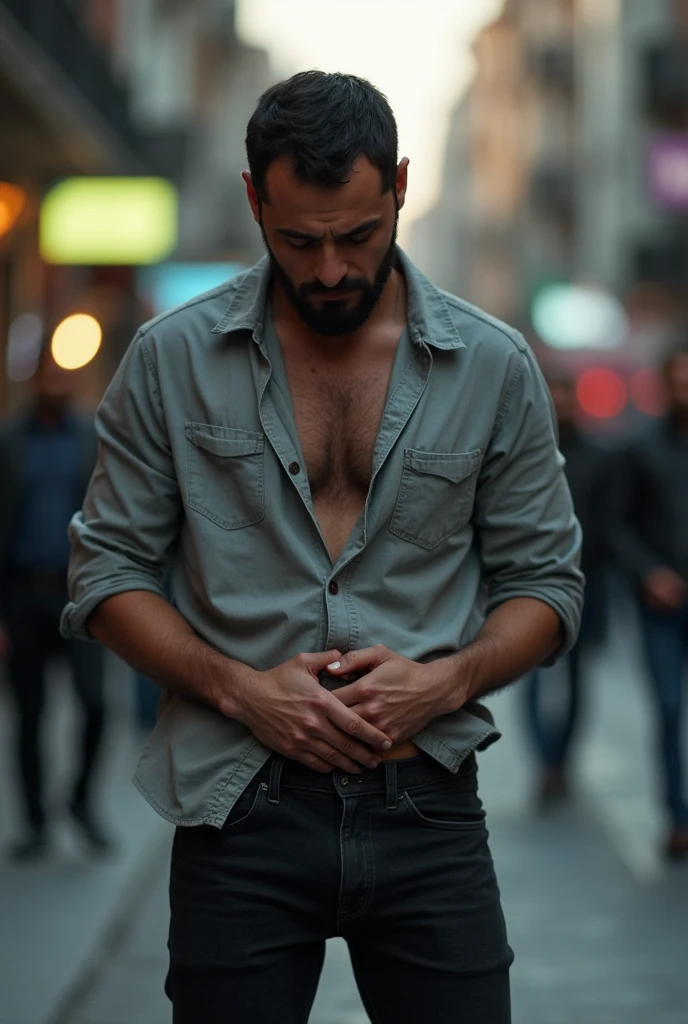 Ismail Düvenci,desperate to pee,Hands on your crotch,pressing his legs,dentes quebrados,black pants,gray shirt