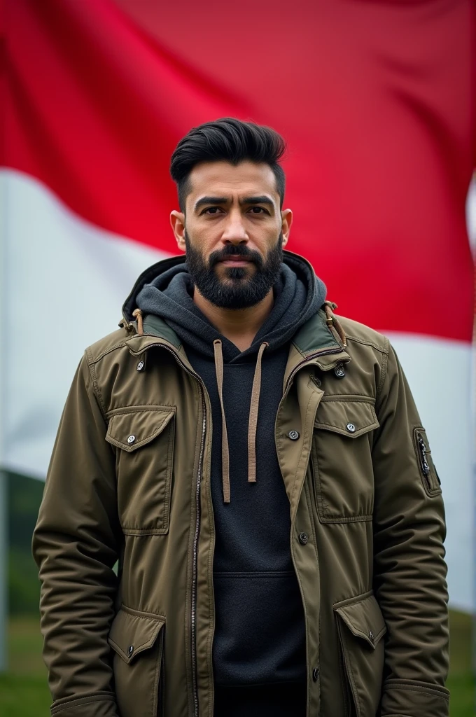 masculine jewish man, thin facial hair, full weight body, black hair, short neck, straight front pose, half body portrait, outdoor outfit jacket, in front of Indonesia flag