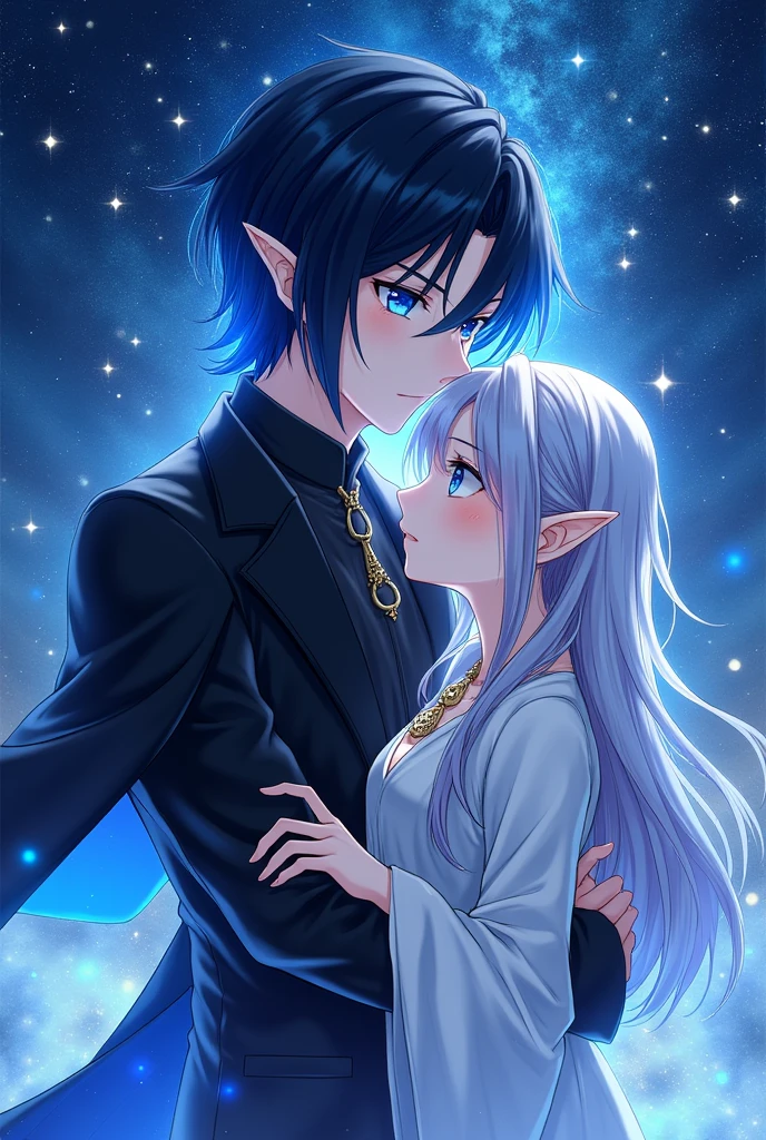 Please generate a Novel cover for me, with a MALE human character with black hair and a COBALT BLUE streak at the end of his hair and cobalt blue eyes, with a blue aura emanating from his body, wearing black clothes in Japanese ANIME style, with a starry sky and the novel's name written on the image (The Eminent Divine Spirit). Make an image of this character, but now holding a WOMAN (adolescent) silver haired elf in white clothes.