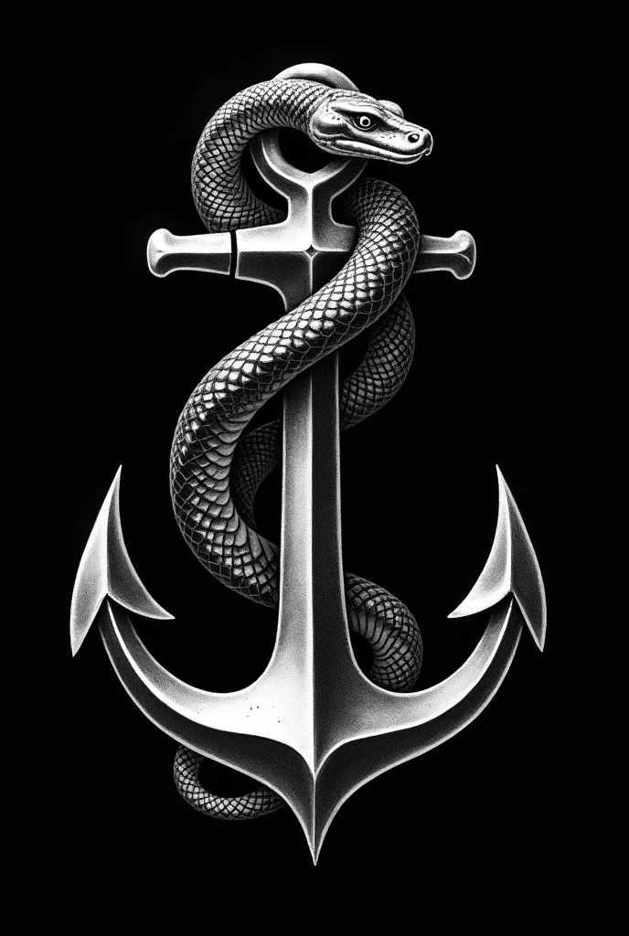 A half black snake stands out coiled around a silver anchor with a half black background,tattoo type