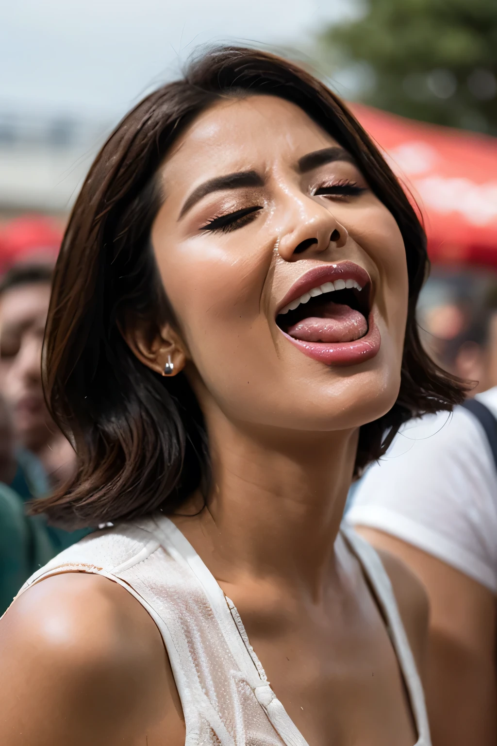 Mulher loira, mostrando os seios