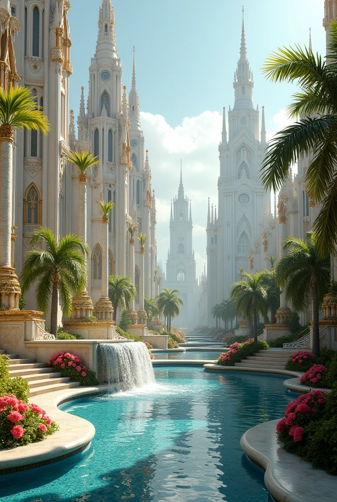 Photograph of future scifi city gothic architecture, with romanian architectural influences, gilded intricate decorations, very realistic photograph, white marble walls, shiny golden decorations, gardens, fountains