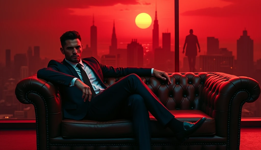 creat a movie coverA powerful, strong young Mafia Boss sitting on sofa in the center, his sharp suit immaculate and his eyes filled with a mix of cold calculation and hidden pain. Behind him, the city skyline looms under a blood-red sky, with gunmen and luxury cars fading into the darkness. To one side, a beautiful woman
