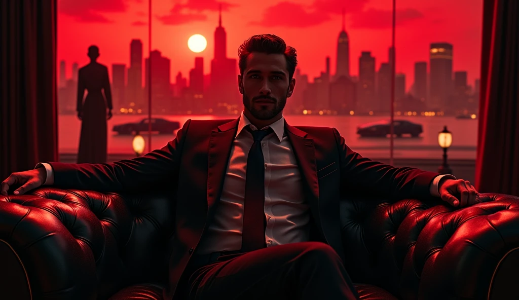 creat a movie coverA powerful, strong young Mafia Boss sitting on sofa in the center, his sharp suit immaculate and his eyes filled with a mix of cold calculation and hidden pain. Behind him, the city skyline looms under a blood-red sky, with gunmen and luxury cars fading into the darkness. To one side, a beautiful woman