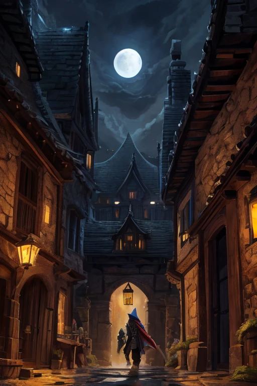 A Dragonborn Rogue with black scales and glowing yellow eyes moves stealthily through a medieval town at night.. He wears dark, tight-fitting leather clothes., with a hood that partially hides his draconic face. In one hand, he holds a sharp dagger, while the other hand is extended to silently open a window. Ao fundo, the environment is made up of narrow alleys, moss-covered stone walls and moonlight reflecting off the roof tiles. The scene is lit by soft moonlight, creating deep shadows that accentuate the atmosphere of mystery and danger.