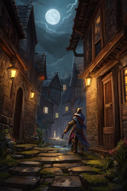 A Dragonborn Rogue with black scales and glowing yellow eyes moves stealthily through a medieval town at night.. He wears dark, tight-fitting leather clothes., with a hood that partially hides his draconic face. In one hand, he holds a sharp dagger, while the other hand is extended to silently open a window. Ao fundo, the environment is made up of narrow alleys, moss-covered stone walls and moonlight reflecting off the roof tiles. The scene is lit by soft moonlight, creating deep shadows that accentuate the atmosphere of mystery and danger.