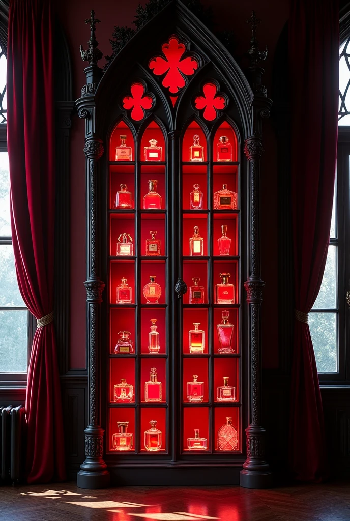 Generate a tall and large gothic-style glass bookcase. with many perfumes of different shades of red