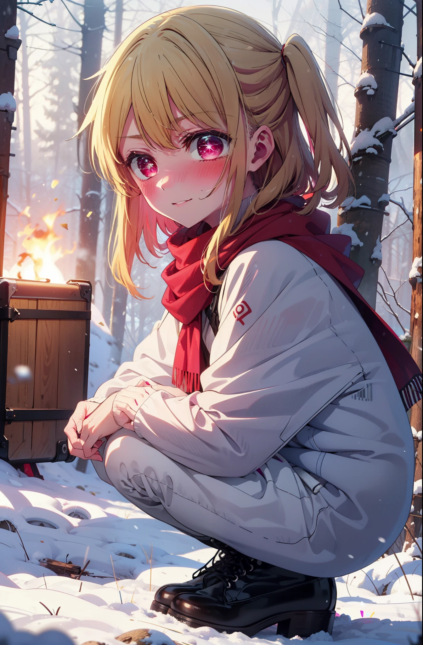 rubyhoshino, Hoshino Ruby, Long Hair, bangs, Blonde, (Pink Eyes:1.3), Side Lock, (Symbol-shaped pupil:1.5), Multicolored Hair, Two-tone hair, smile,,smile,blush,white breath,
Open your mouth,snow,Ground bonfire, Outdoor, boots, snowing, From the side, wood, suitcase, Cape, Blurred, , forest, White handbag, nature, Squat, Mouth closed, Cape, winter, Written boundary depth, Black shoes, red Cape break looking at viewer, Upper Body, whole body, break Outdoor, forest, nature, break (masterpiece:1.2), Highest quality, High resolution, unity 8k wallpaper, (shape:0.8), (Beautiful and beautiful eyes:1.6), Highly detailed face, Perfect lighting, Highly detailed CG, (Perfect hands, Perfect Anatomy),