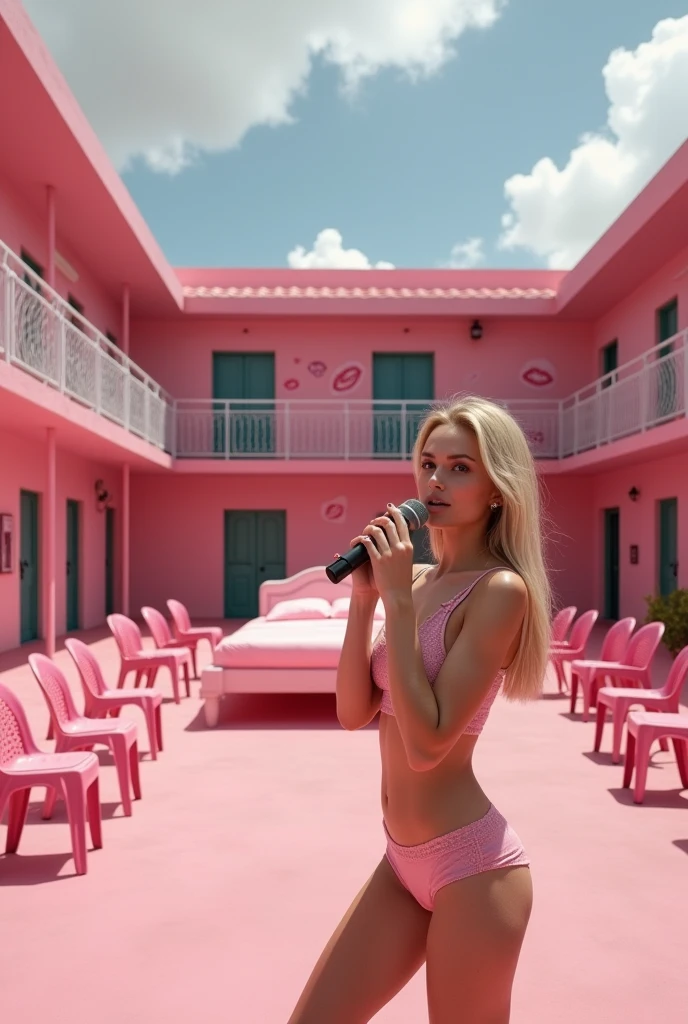 (photorealism:1.2) A pink King size bed in the middle and many pink plastic chairs surrounding the bed in the middle, in a small pink amphitheater. Sings reading "Nuestro sultán Alberto"
A very up close beautiful Blonde woman in sexy lingerie, looking like Margot Robbie, speaking to a microphone on her hand, realistic, intricate details