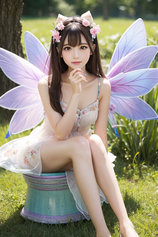 (RAW photo:1.2), (realistic), beautiful detailed girl, highly detailed eyes and face, thin and beautiful eyes, huge file size, High resolution, very detailed, highest quality, [table top:1.6], shape, very detailed, small details, highest quality, 8k wallpaper, movie lighting,  adorable female spring fairy, mysterious eyes, In underwear, shining smile, fairy bra, fairy panties, rosy cheeks, slim body, young face, small breasts, exposed underwear, subtle freckles, cascading curls, Whimsical outfit decorated with petals and leaves, small wings, Spring-like aura, Whimsical meadow with soft grass, vivid flowers々, Gentle sunlight shines in, shining dew, babbling brook, shining stone, Colorful shells, breeze, Seductive floral scent, Cute fairy potential haven