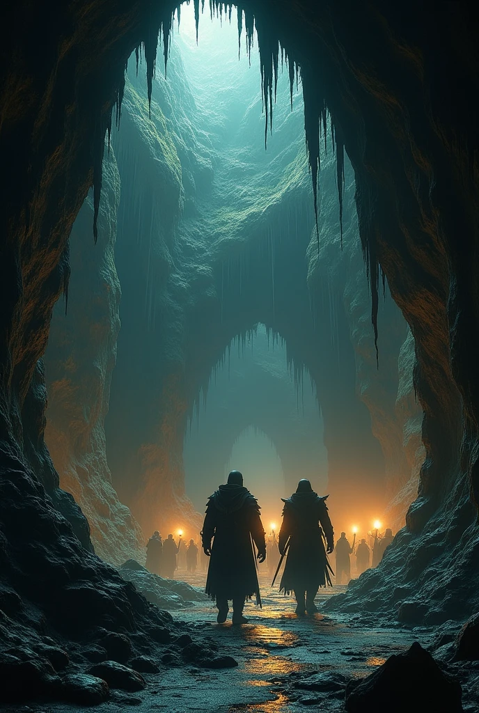 5. A scene showing deep, dark caves, with stalactites, ancient symbols carved on the walls, and an unsettling atmosphere. The warriors advance cautiously with torches.