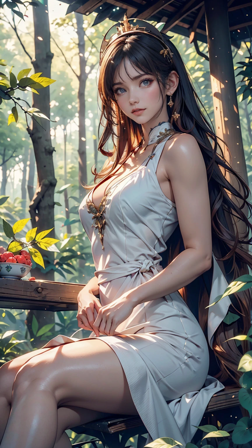 (masterpiece, Highest quality), One person(Athena_Assamese), Cute Dresses, Long black hair, Sitting, Beautiful outdoor background, night, forest