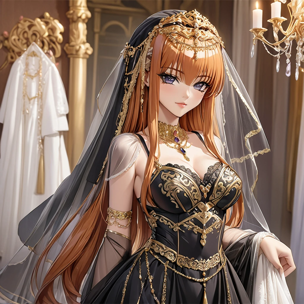 ((Highest quality)), ((masterpiece)), (detailed), (Perfect Face)、The woman is Maya Cordelia with orange semi-long hair, wearing a luxurious black vintage wedding dress with elaborate gold embroidery and trim, as well as a black wedding veil, and adorned with luxurious accessories.